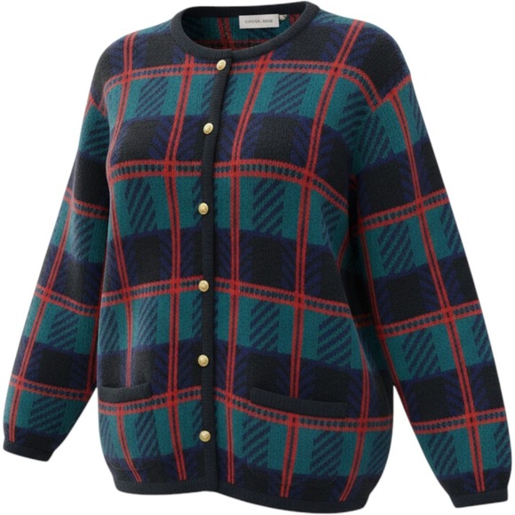 Crystal Kobe Sweaters - Crystal Kobe Vintage Plaid Cardigan Navy Teal Red Gold Buttons Large
